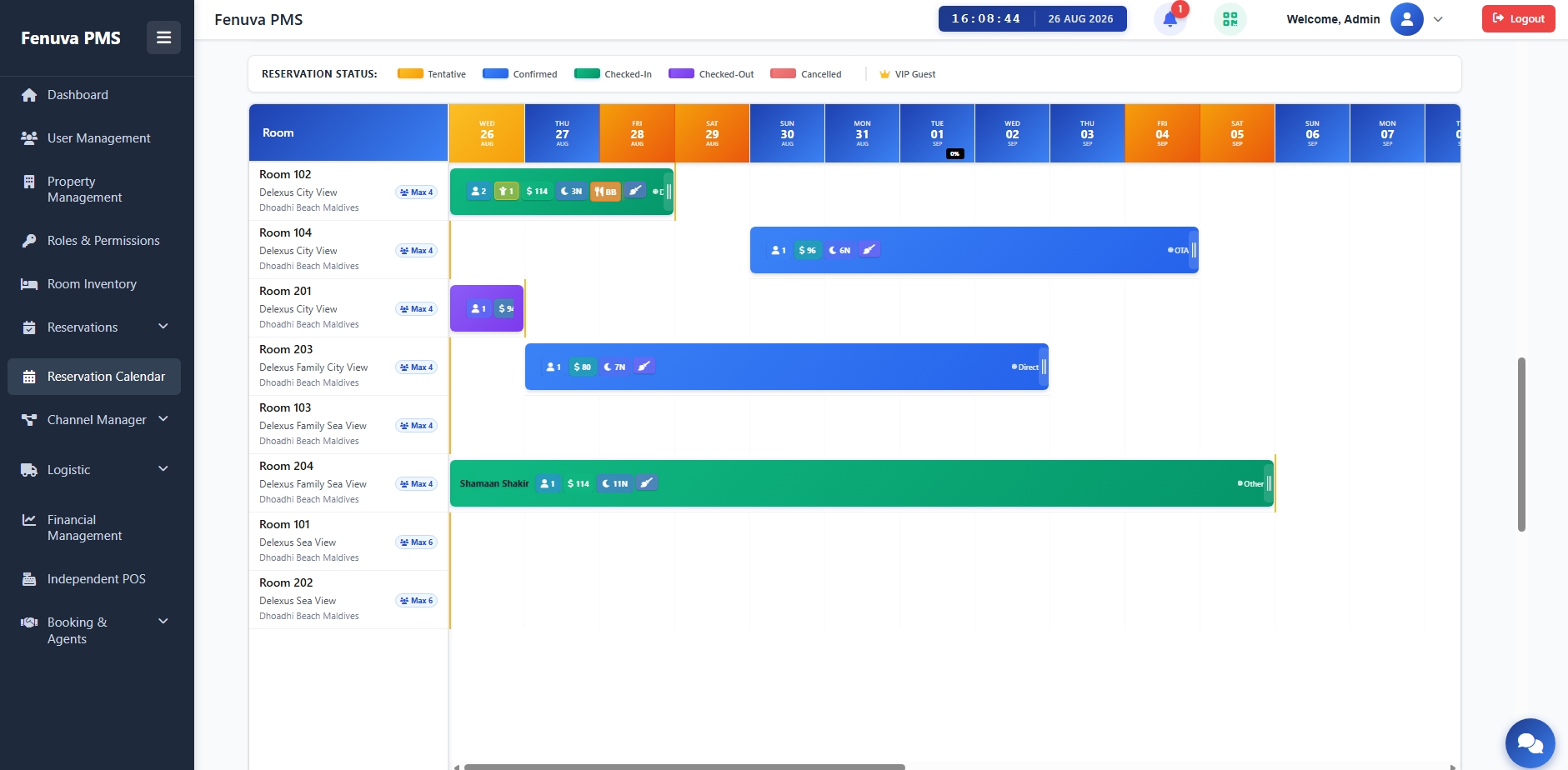 Reservation Calendar for Maldives Hospitality shown in Fenuva PMS