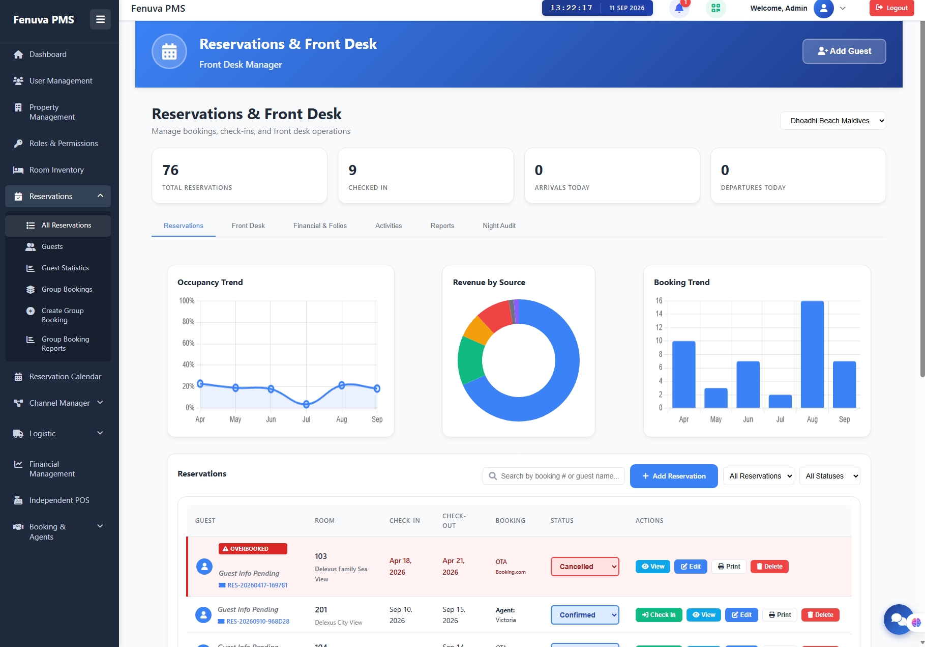 Fenuva PMS reservation management and booking calendar for Maldives guesthouses