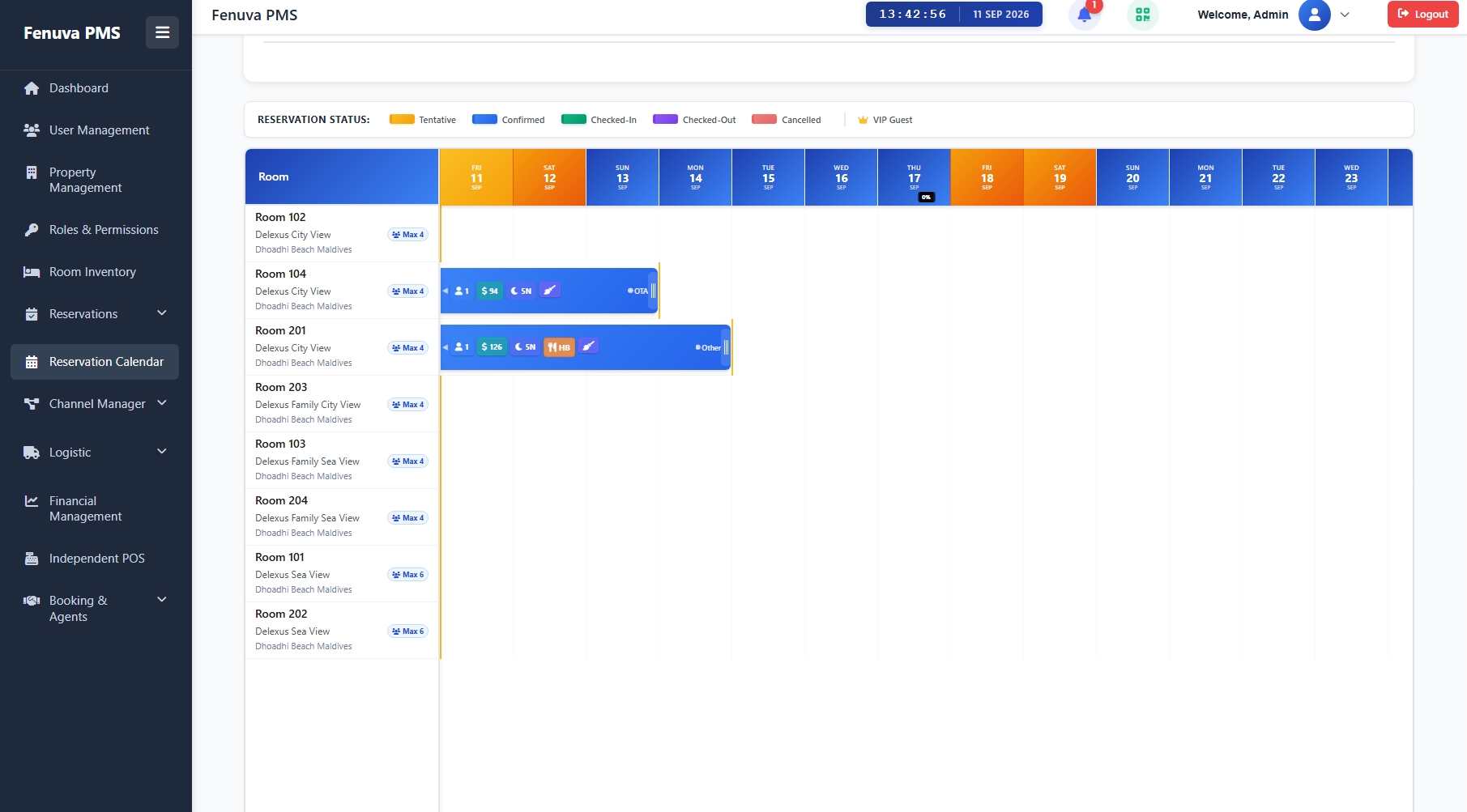 Fenuva PMS Smart Calendar 2.0 showing guest reservations, room availability and drag-and-drop booking management