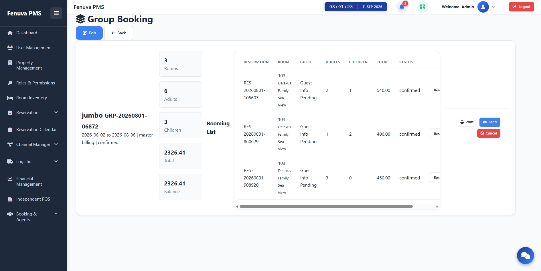 Fenuva PMS Group Booking screen showing multiple rooms, guest counts, balances and reservation details